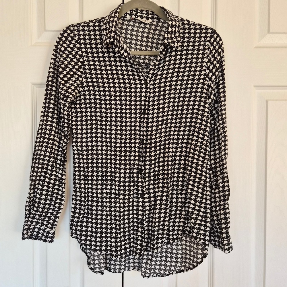Big Dart Houndstooth Button Down Shirt Womens Black White Long Sleeve Blouse‎ 10